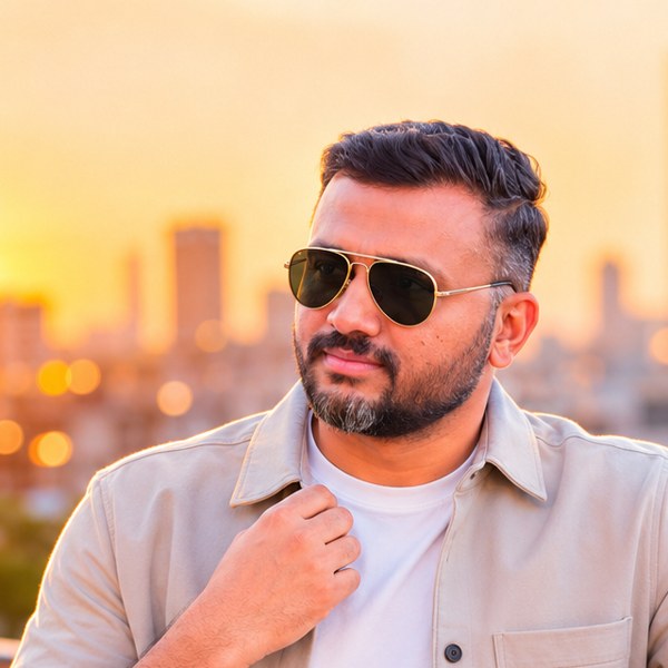 Kishan Savaliya on a rooftop in Ahmedabad at golden hour