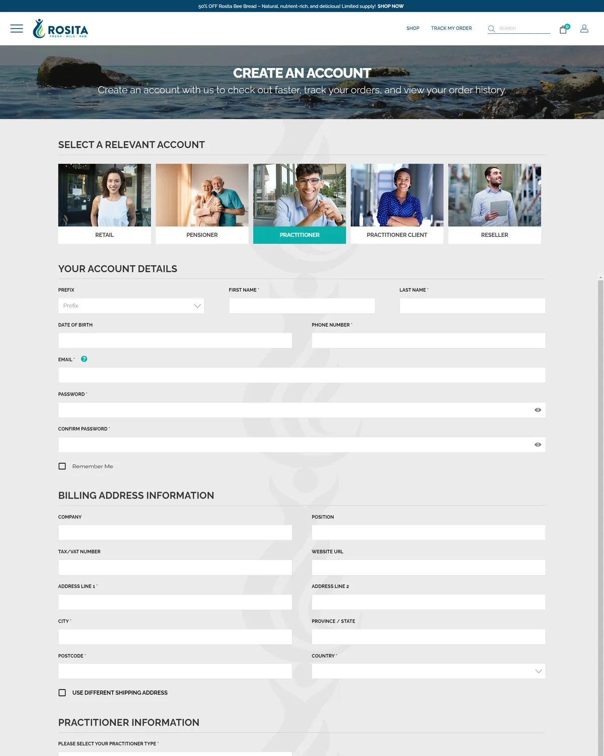 Rosita Real Foods, custom create account page