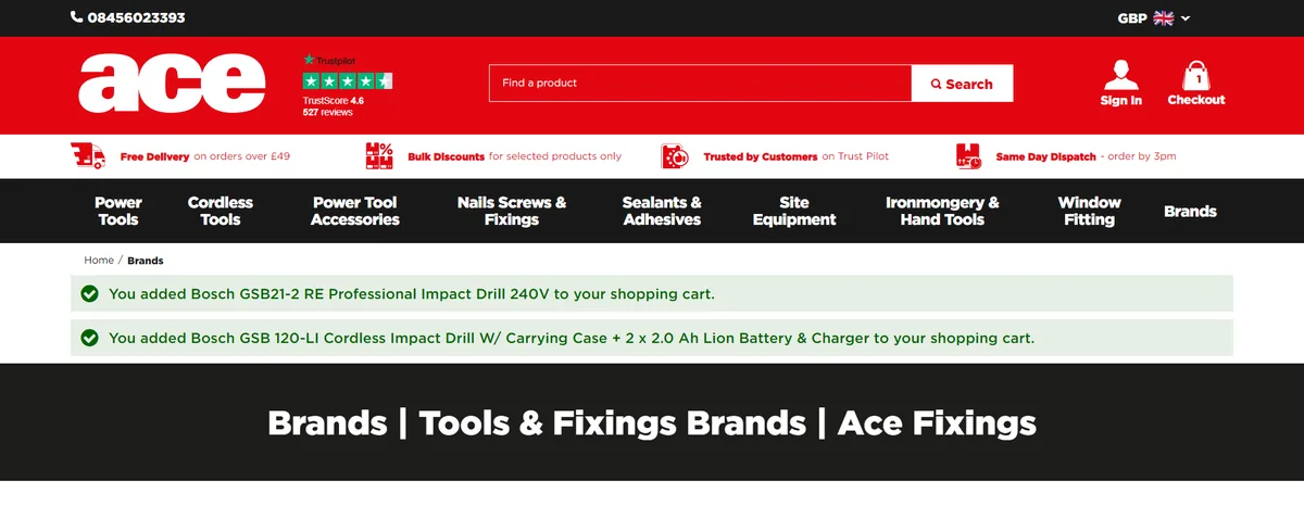 Ace Fixings, brands page