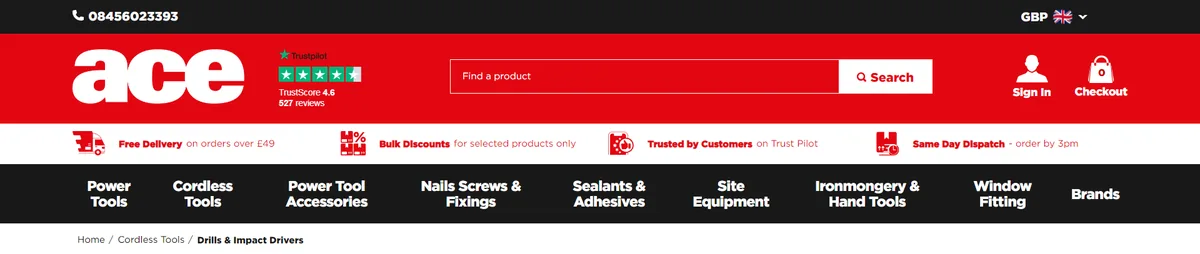 Ace Fixings, category view page
