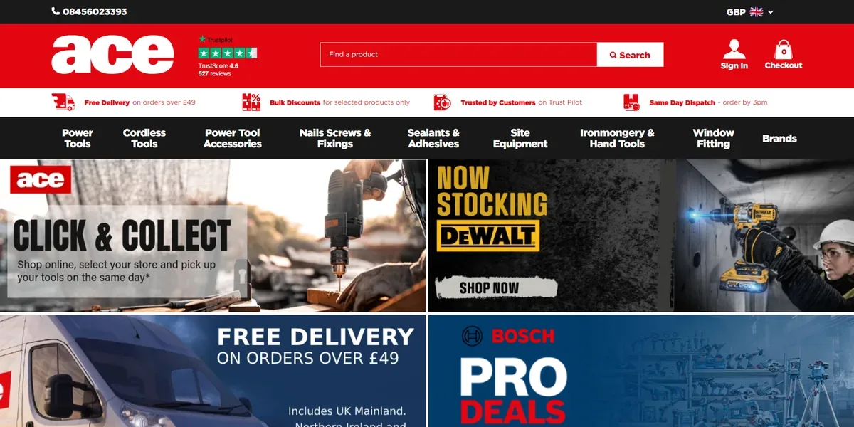 Ace Fixings storefront, home page