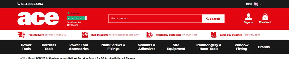 Ace Fixings, product view page