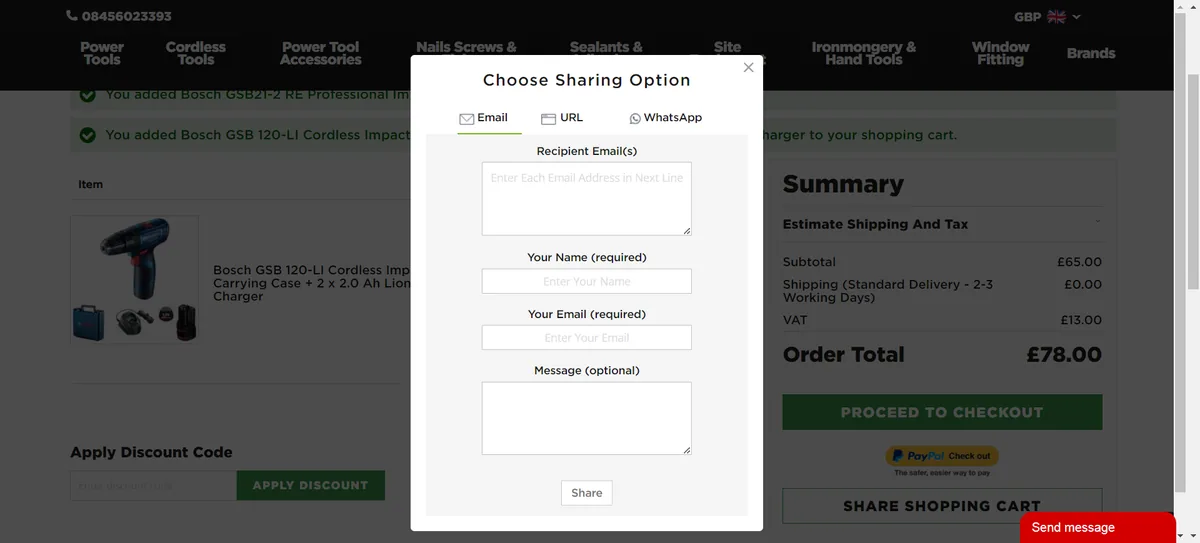 Ace Fixings, share shopping cart module