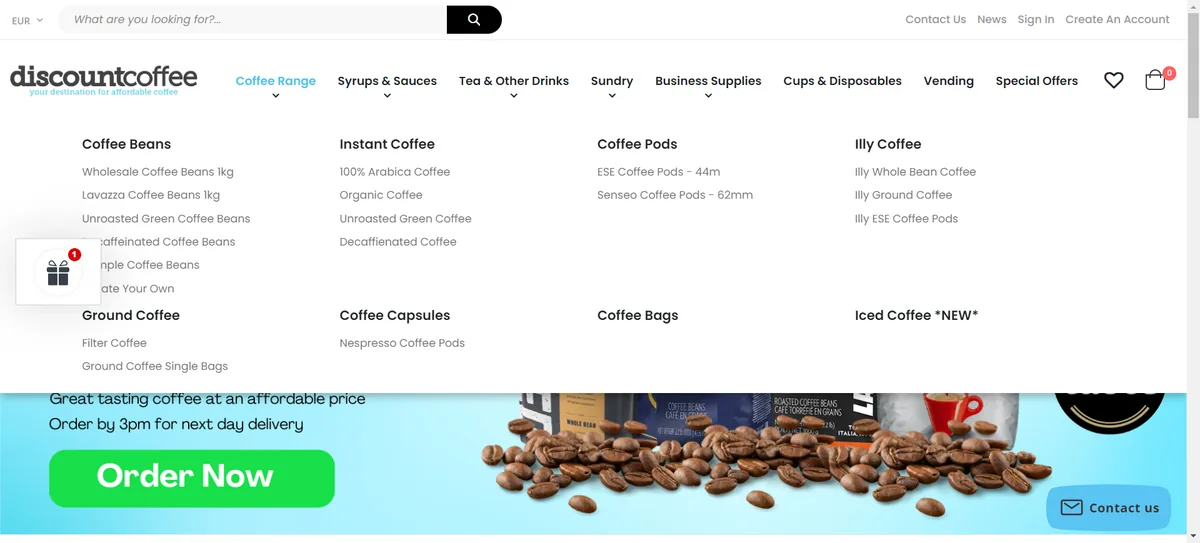 Discount Coffee, mega menu