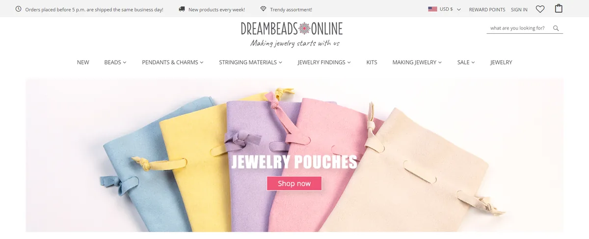 Dreambeads Online storefront, home page