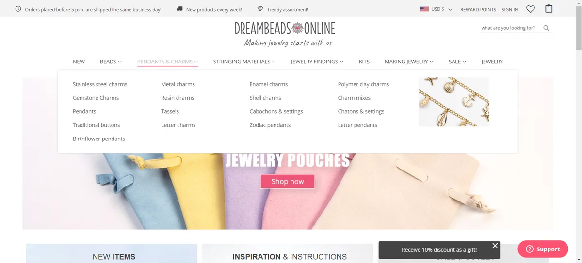 Dreambeads Online, mega menu