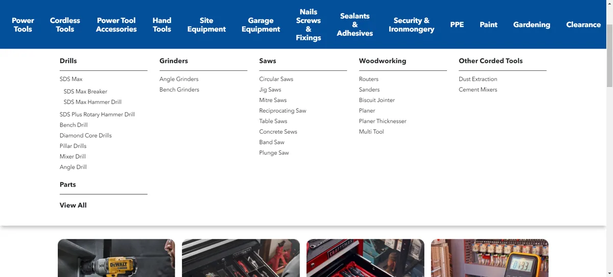 MET Construction Fixings, mega menu