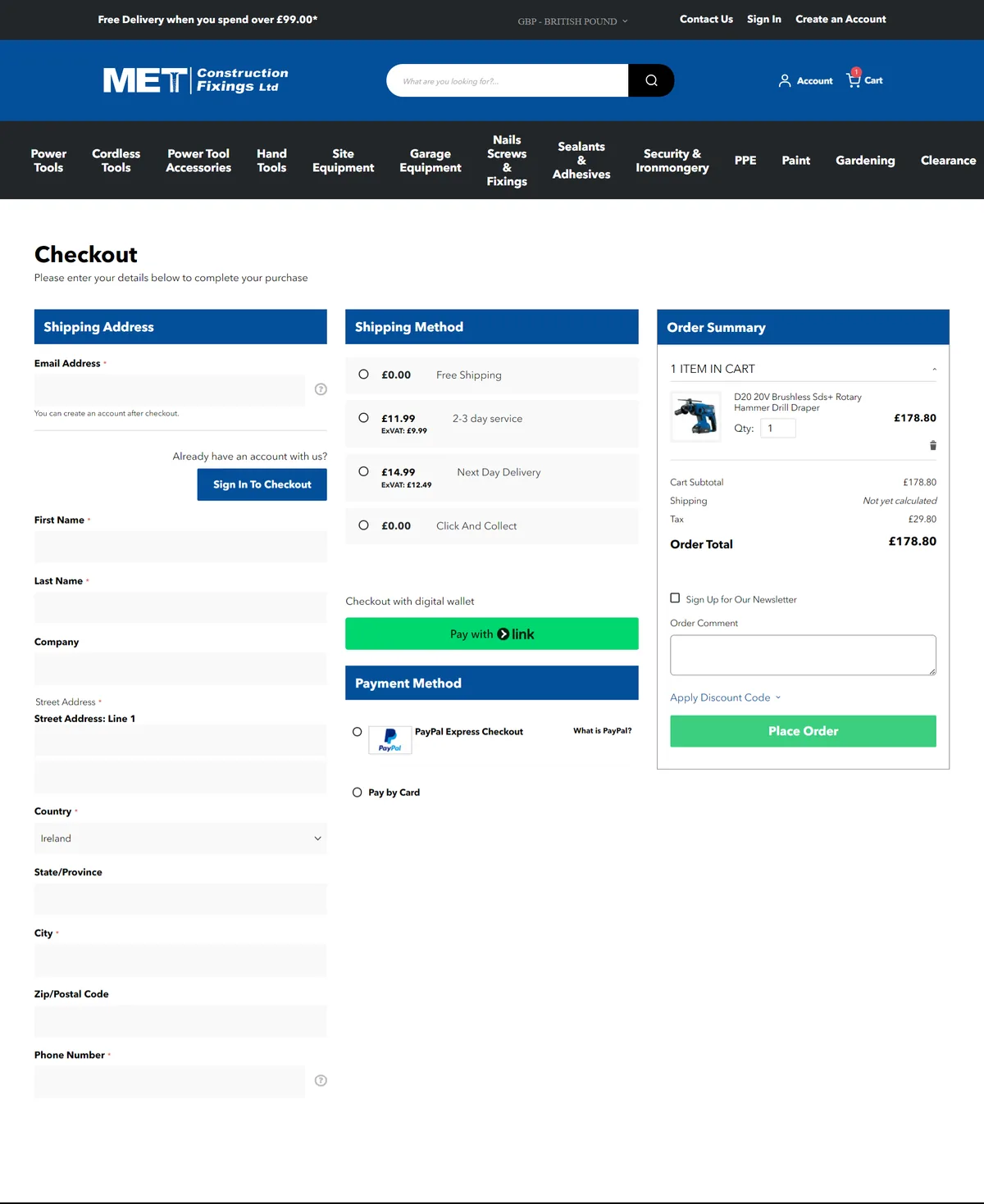 MET Construction Fixings, one page checkout