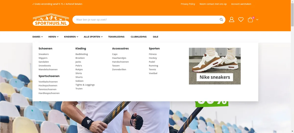 Sporthuis, mega menu