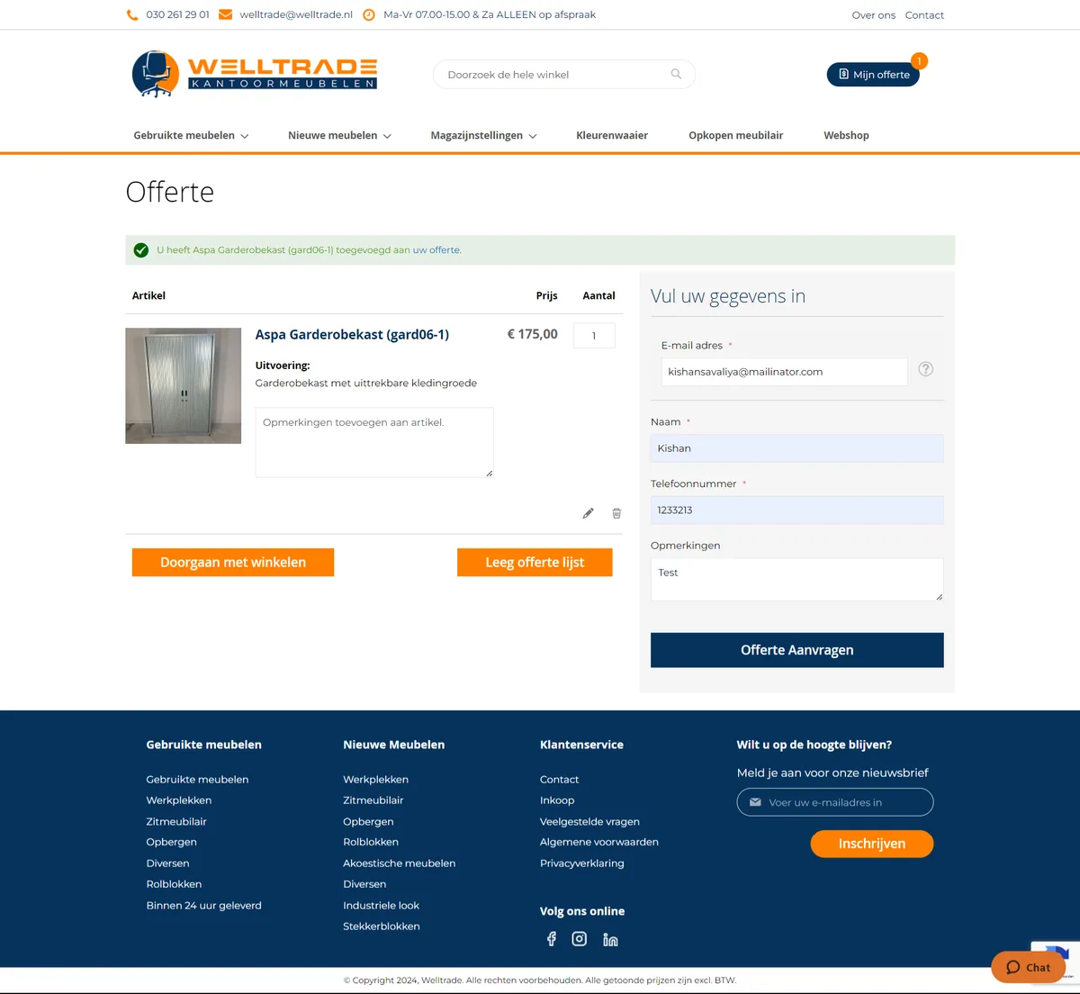 Welltrade, request for quote  page