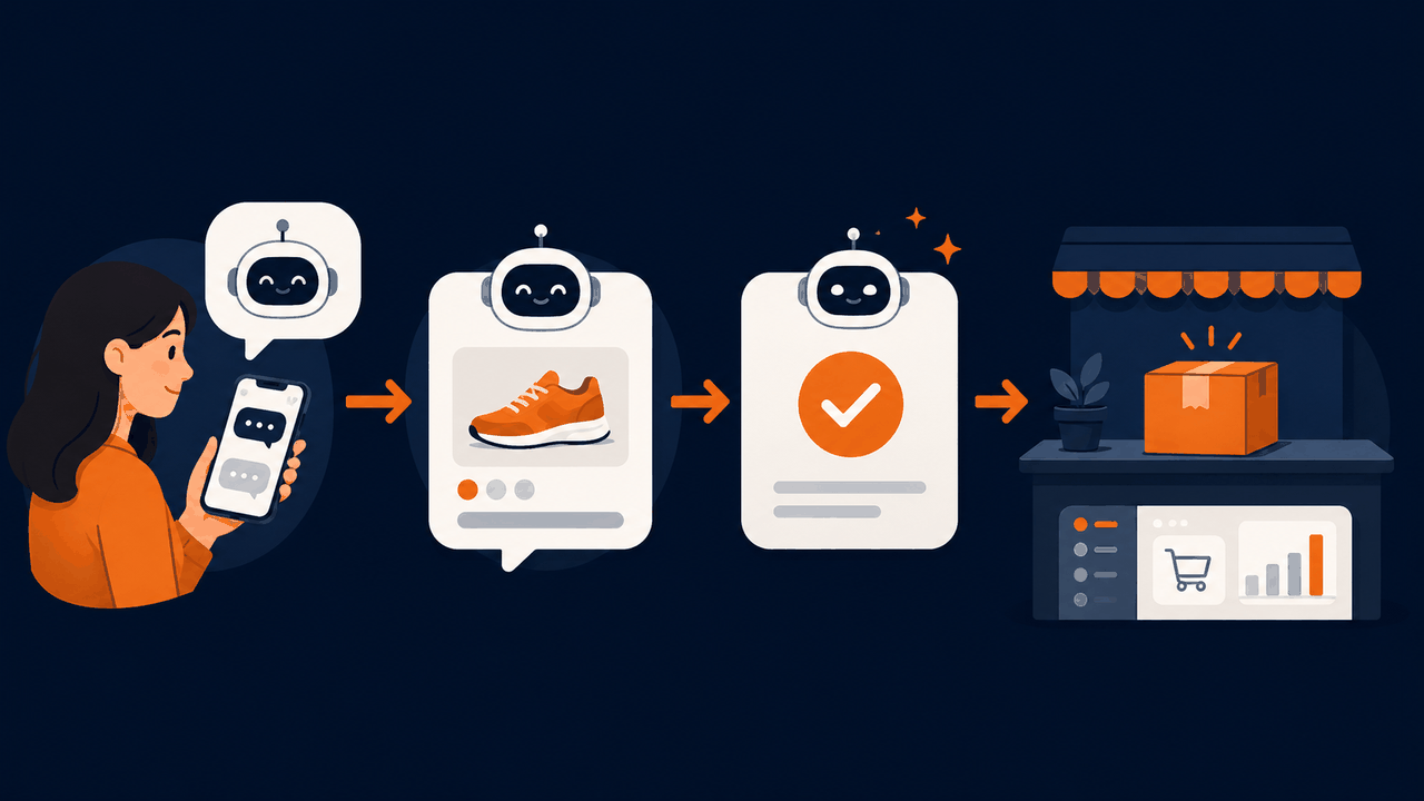 A shopper asks an AI assistant for a product and the AI completes the purchase, with the order landing in the merchant's Magento store