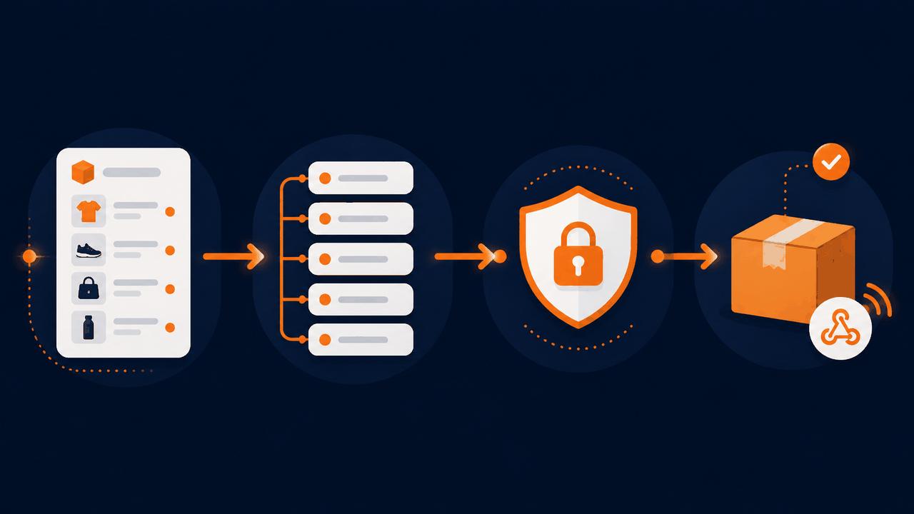 The Agentic Commerce Protocol flow for a Magento store: product feed to OpenAI, five checkout REST endpoints, Stripe Shared Payment Token, then a real order with webhook status updates