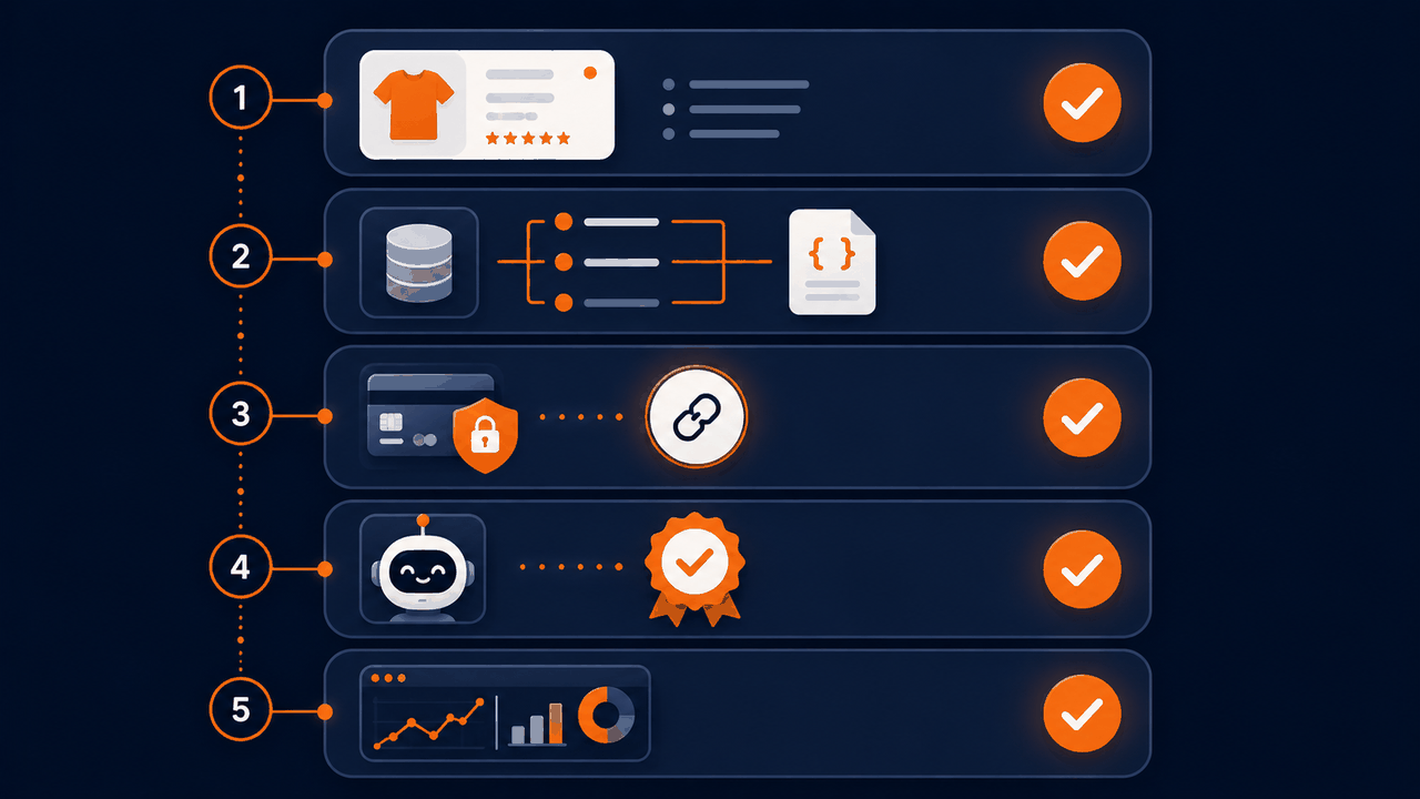 An agent-readiness checklist for Magento merchants: clean product data, a structured product feed, Stripe payments, OpenAI merchant approval, and monitoring