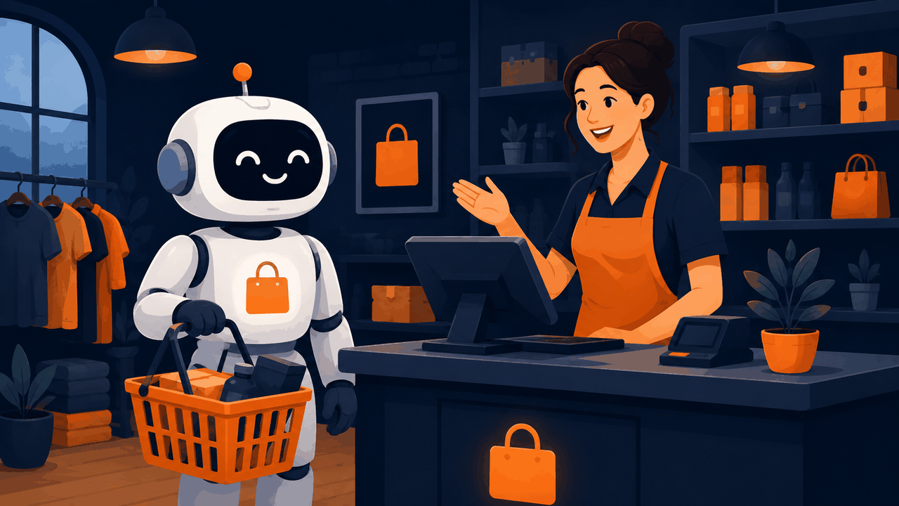 A friendly AI robot standing at a store checkout as the merchant's newest customer, illustrating AI agents buying on behalf of people