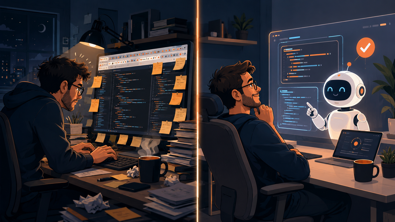 A software developer's daily life in 2020 compared to 2026 as a split-screen: hand-typing every line of code versus directing an AI coding assistant