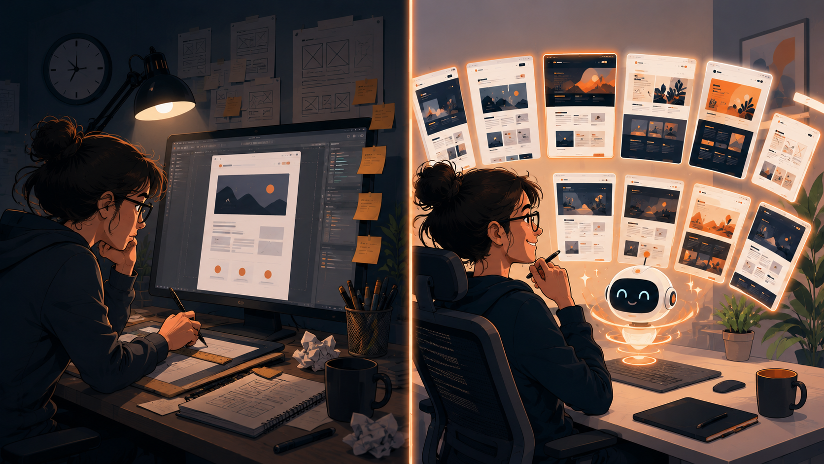 A web designer before and after AI tools: hand-pushing pixels in one artboard versus generating dozens of layout options in seconds