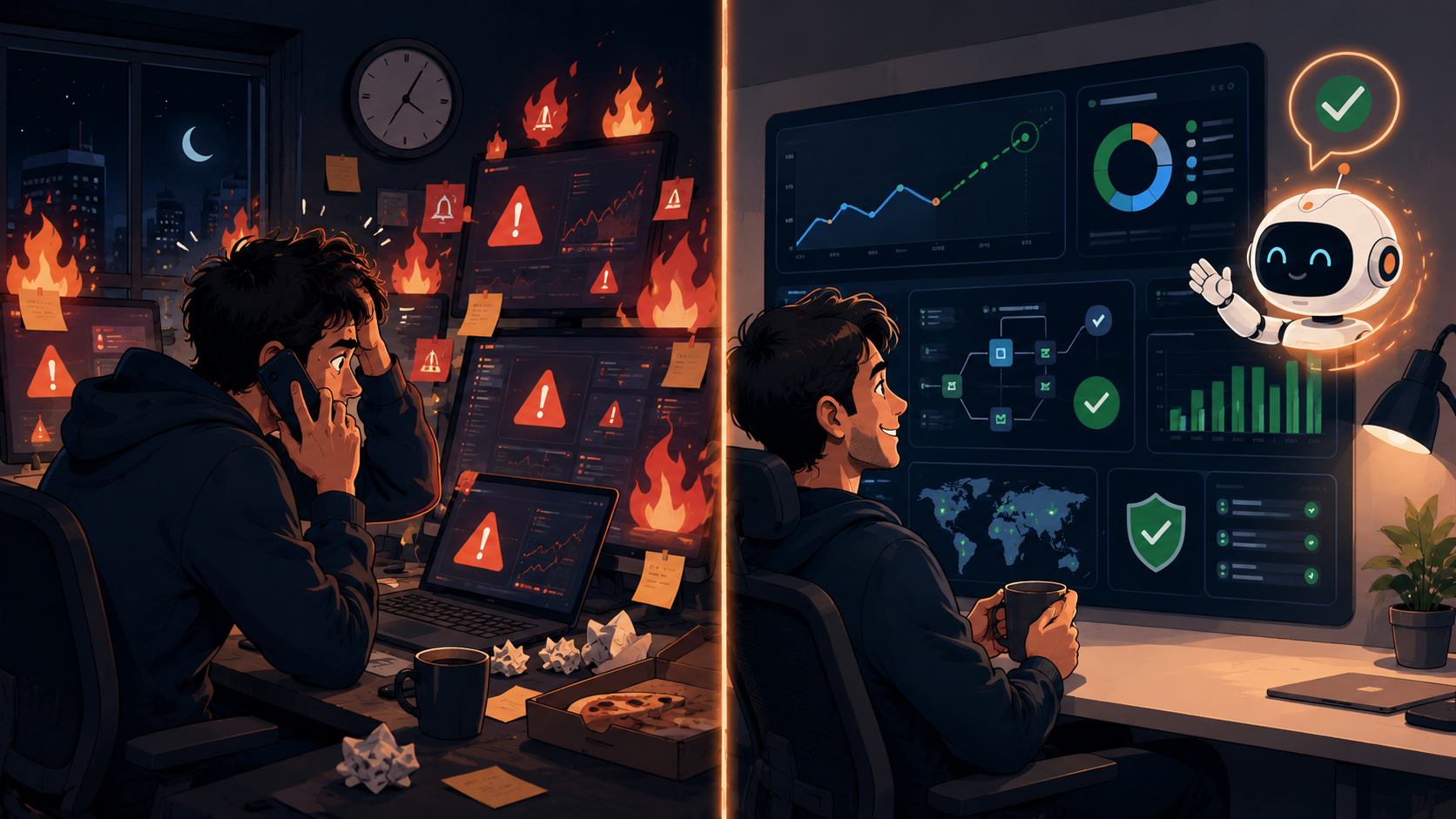 QA tester, DevOps engineer and IT support staff then versus now: manually firefighting outages versus AI dashboards predicting problems before they happen