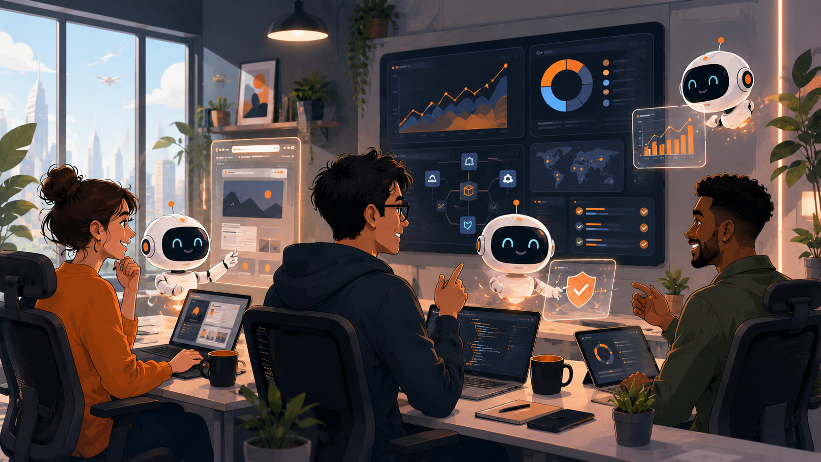 An illustrated vision of a small IT team in 2035 working alongside friendly AI agents on bright modern screens