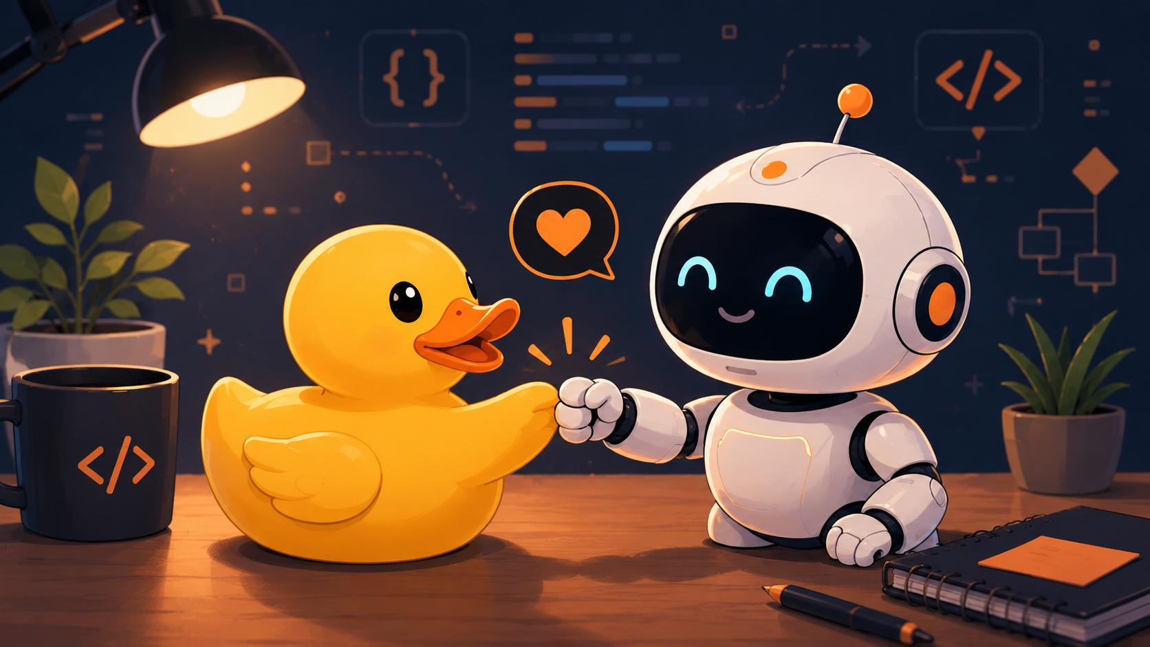 A funny illustration of a classic rubber debugging duck shaking hands with a friendly AI copilot robot on a developer's desk