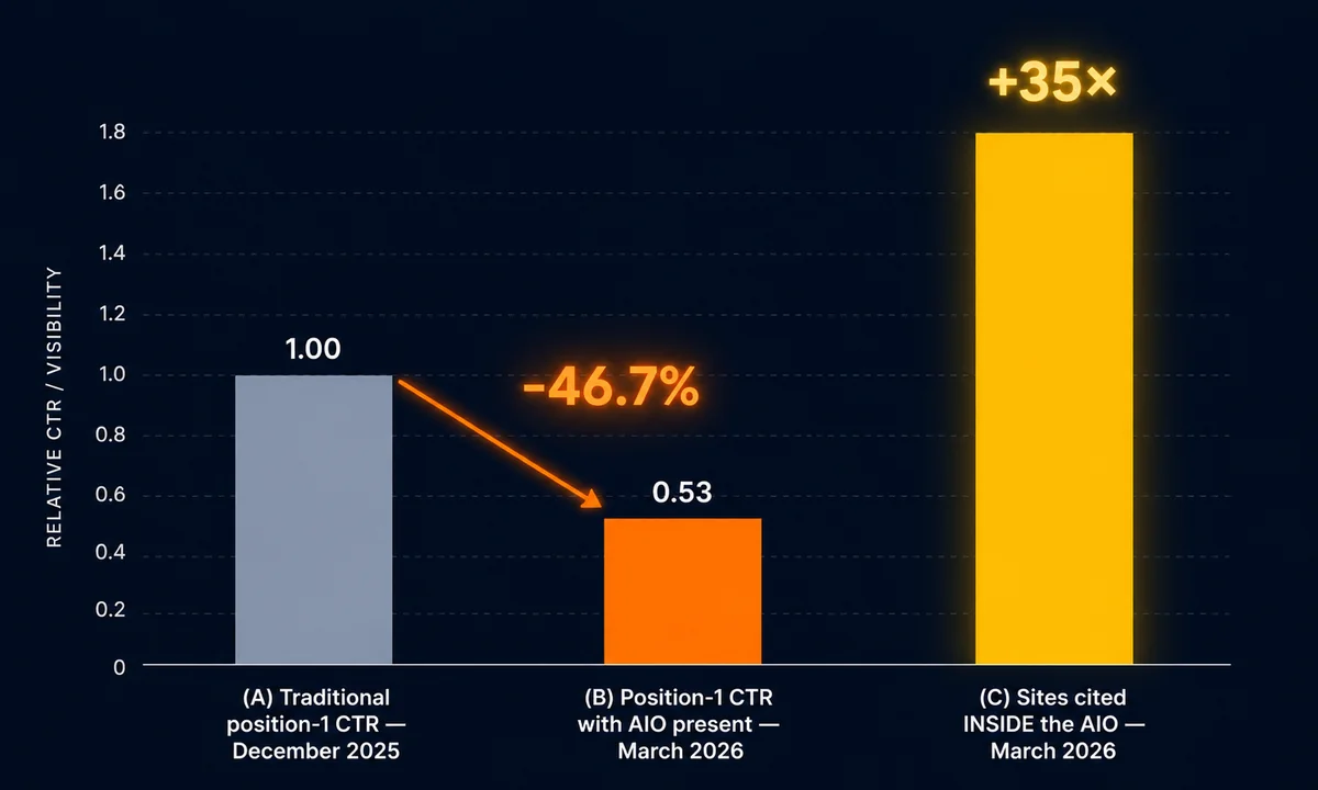 Position-1 CTR drops 46.7% with AI Overview present; sites cited inside the AIO see 35x CTR: comparison chart